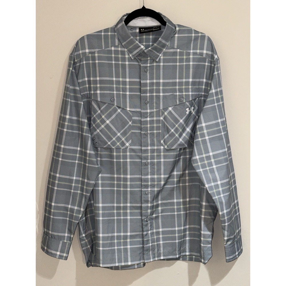 Men's Under Armour Tide Chaser Heat Gear Long Sleeve Gray Plaid  Shirt Large